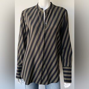 Closed Sparrow Green Black Striped Silk Blend Button Up Blouse EUC Size Medium